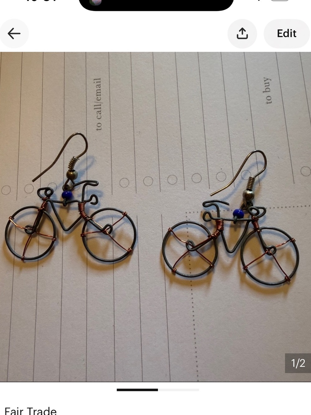 Fair Trade Recycling 1 Pair Of Bicycle Wired Earrings.